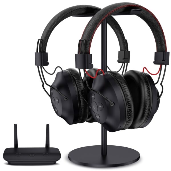 LETSACTIV Dual Wireless Kopfhörer zum Fernsehen mit Sender und Kopfhörerständer, 296ft Reichweite mit optisch, AUX, RCA und USB, hohe Lautstärke, 40 Stunden Spielzeit, Keine Verzögerung